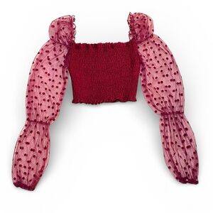 Burgundy Sheer Polka Dot Puff Sleeve Smocked Crop Top Romantic Cottagecore